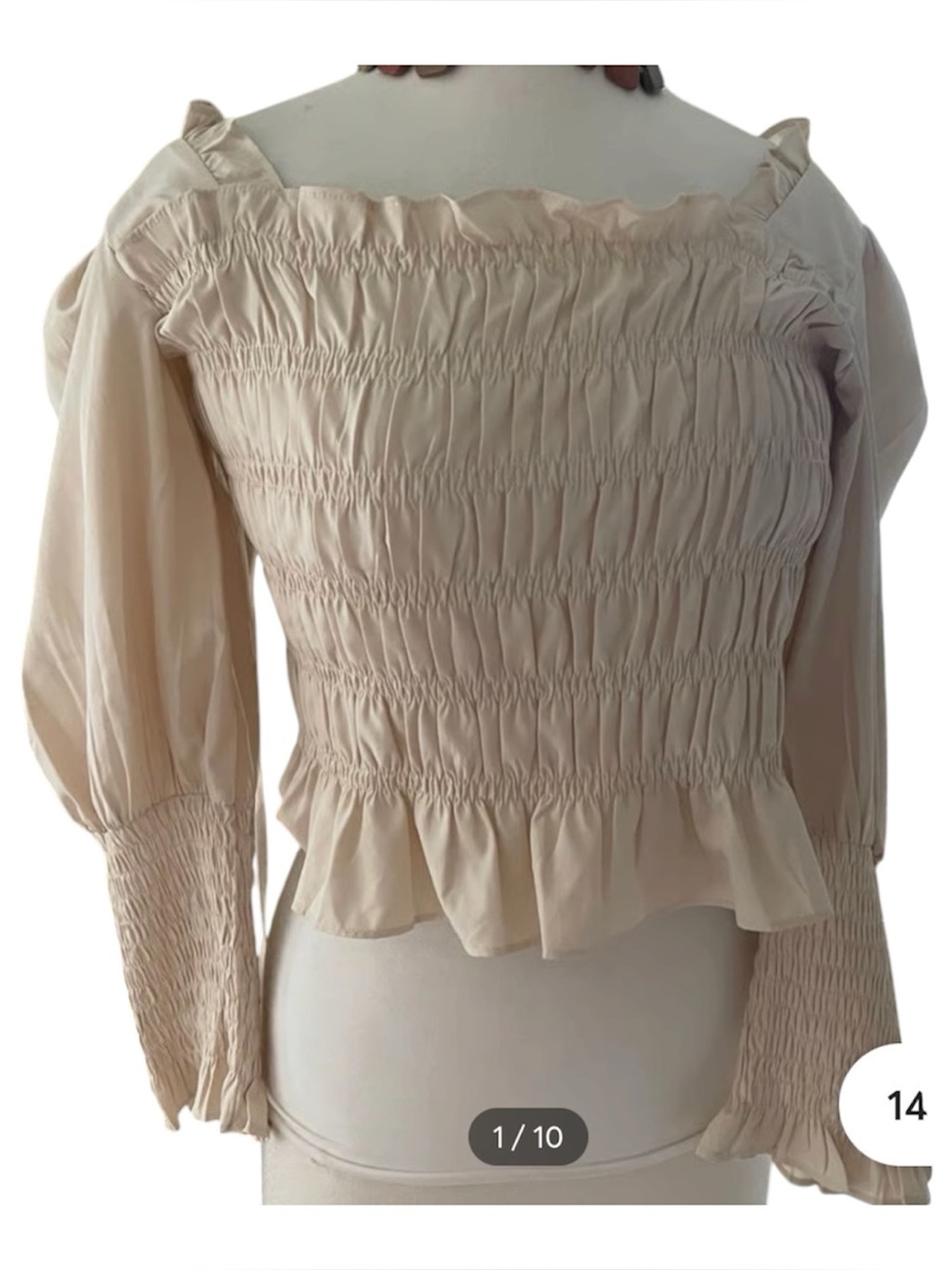 Milk&Honey Smocked cream blouse long puff sleeves with a ruffled square neckline